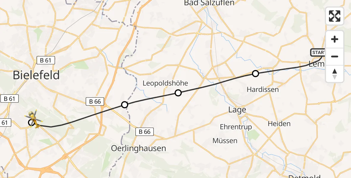 Flugroute Rettungshubschrauber Lemgo - Luftrettungszentrum Bielefeld, 30 April 2026, 11:53
