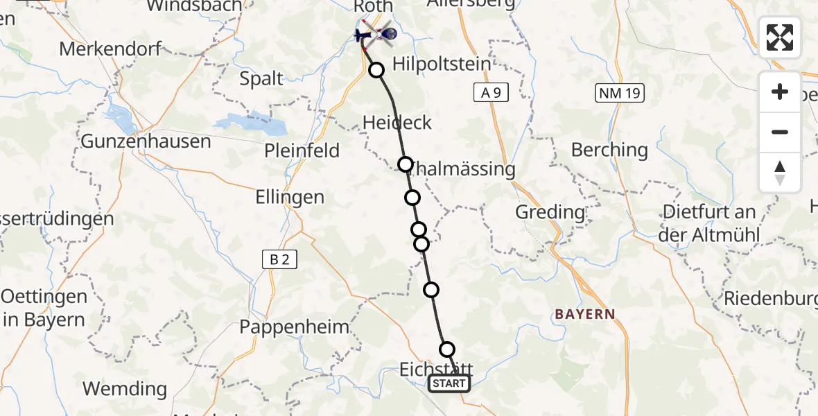Flugroute Polizeihubschrauber Eichstätt - Flugplatz Roth, 30 April 2026, 11:55