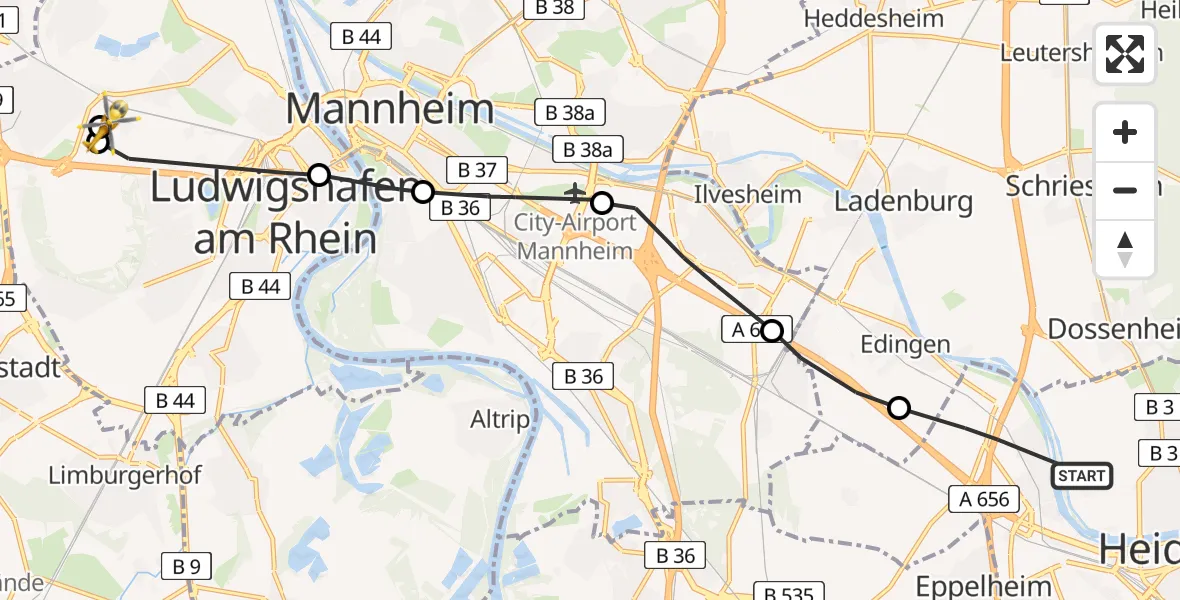 Flugroute Rettungshubschrauber Heidelberg - Ludwigshafen Accident Hospital, 30 April 2026, 12:03