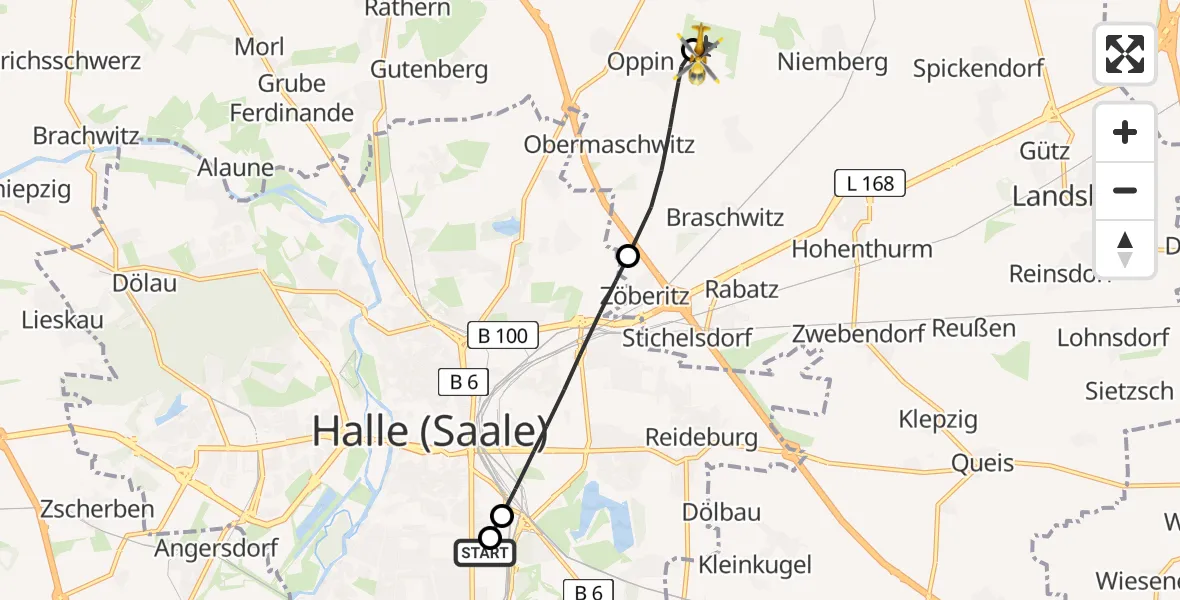 Flugroute Rettungshubschrauber BG Hospital Bergmannstrost Halle - Halle-Oppin Flugplatz, 30 April 2026, 12:08