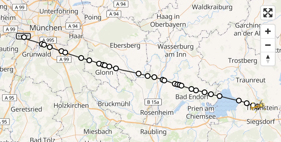 Flugroute Rettungshubschrauber DRF Air Rescue München Hubschrauberlandeplatz - Traunstein Krankenhaus Hubschrauberlandeplatz, 30 April 2026, 12:12