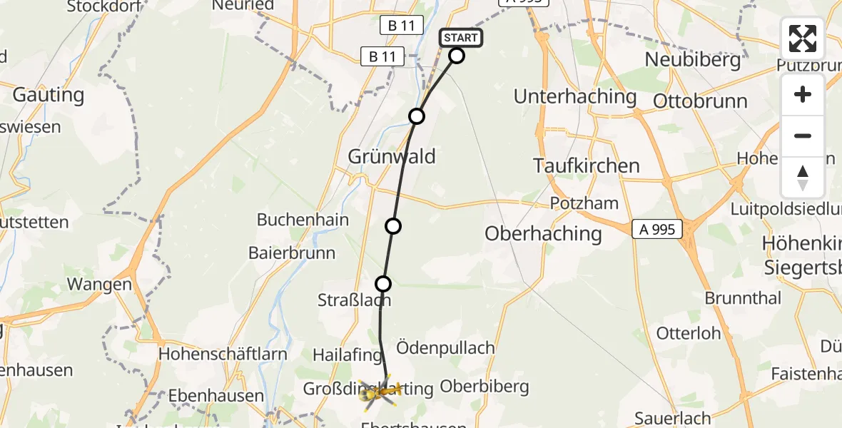 Flugroute Rettungshubschrauber ADAC Air Rescue Center Hubschrauberlandeplatz (Christoph 1) - Straßlach-Dingharting, 30 April 2026, 12:17