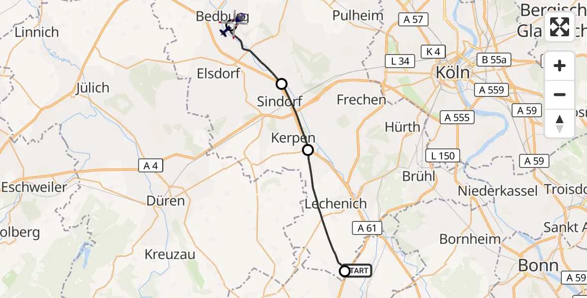 Flugroute Polizeihubschrauber Weilerswist - Bedburg, 30 April 2026, 12:19