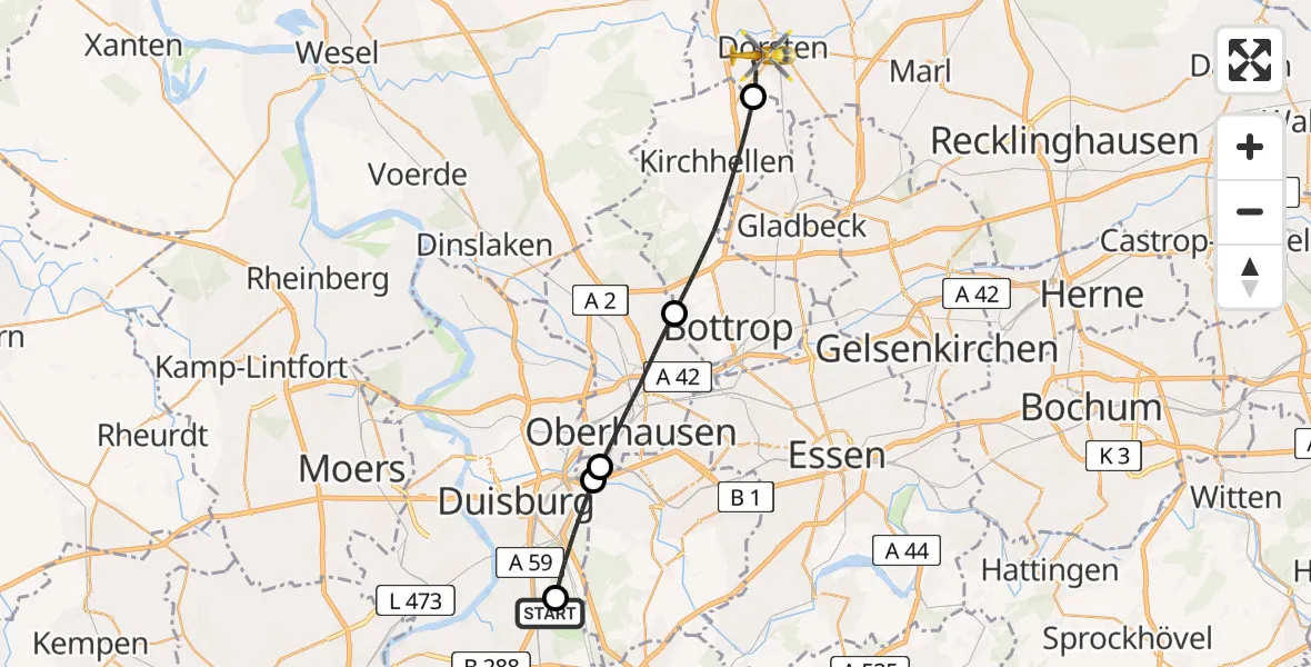 Flugroute Rettungshubschrauber Duisburg Air Rescue Hubschrauberlandeplatz (Christoph 9) - Dorsten, 30 April 2026, 12:37