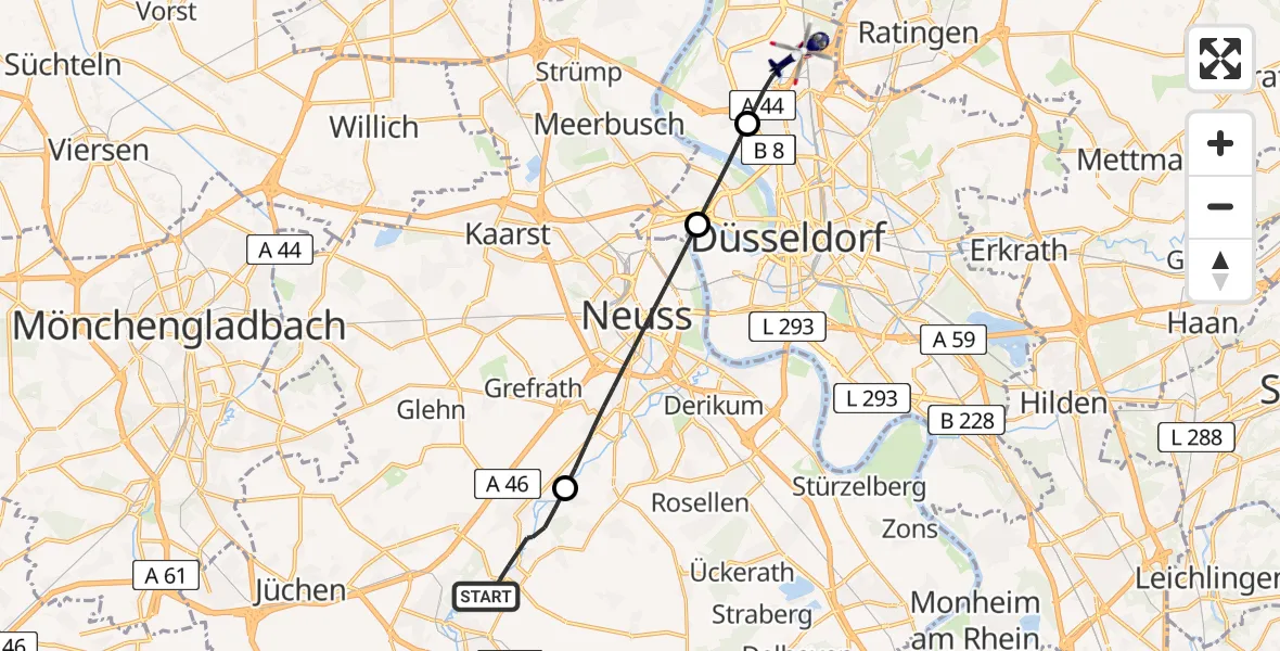 Flugroute Polizeihubschrauber Grevenbroich - Düsseldorf Flughafen, 30 April 2026, 12:39