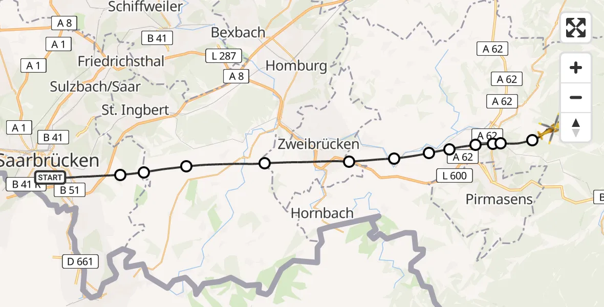 Flugroute Rettungshubschrauber Saarbrücken - Clausen, 30 April 2026, 12:40