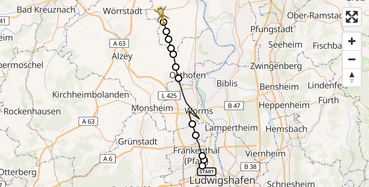 Flugroute Rettungshubschrauber Ludwigshafen am Rhein - Undenheim, 30 April 2026, 12:46