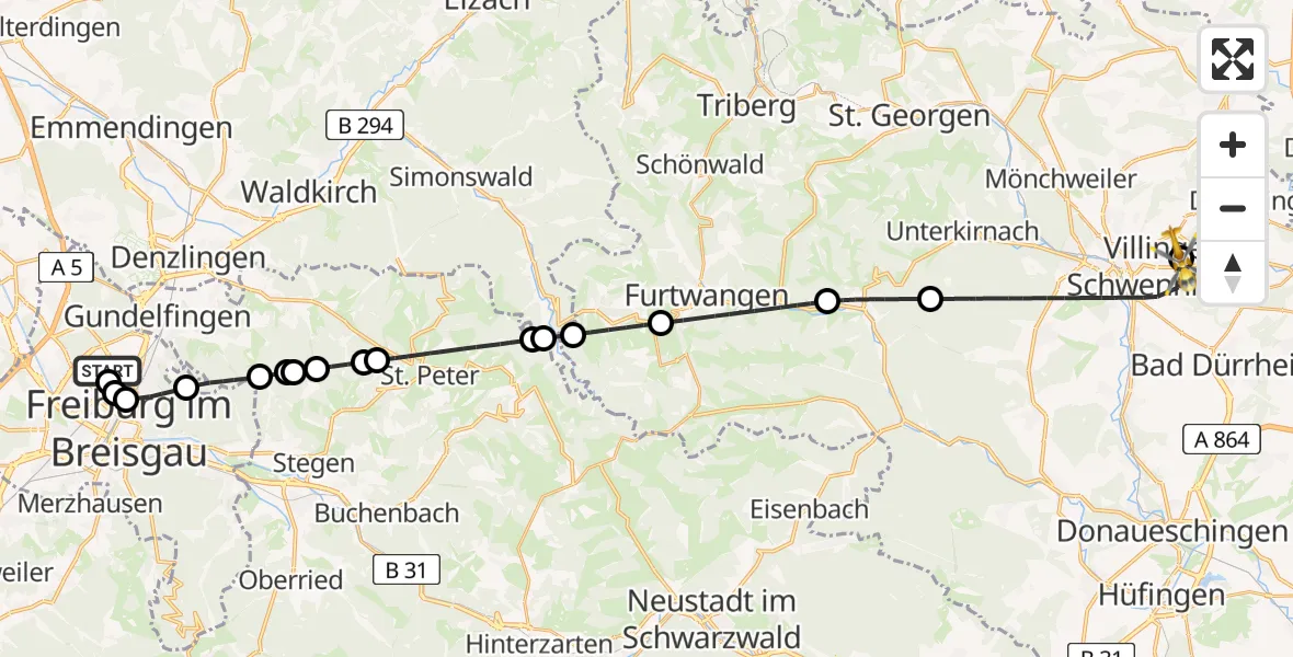 Flugroute Rettungshubschrauber Freiburg im Breisgau Flugplatz - DRF Air Rescue Station Villingen-Schwenningen Hubschrauberlandeplatz (Christoph 11), 30 April 2026, 12:56