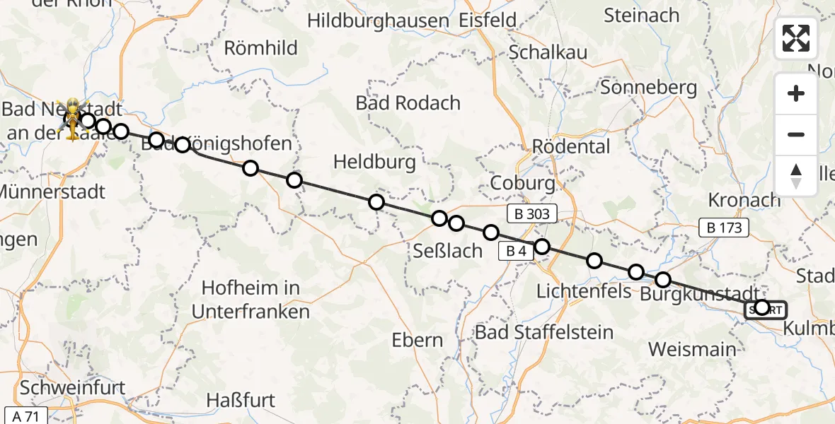 Flugroute Ambulanzhubschrauber Mainleus - Bad Neustadt an der Saale Hospital, 30 April 2026, 12:59