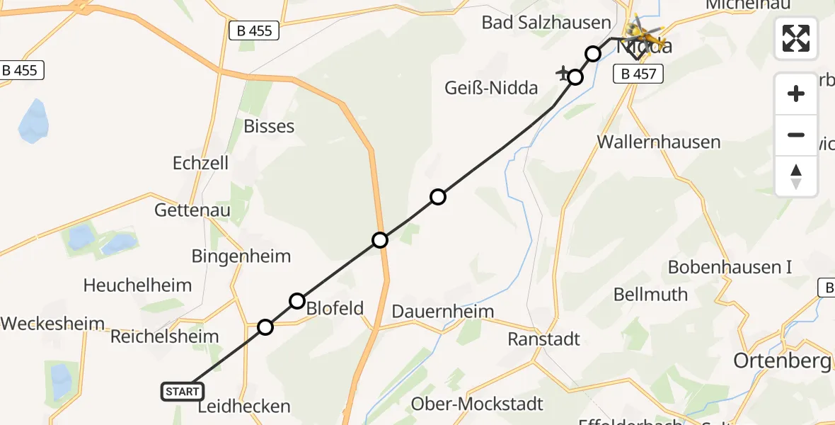 Flugroute Ambulanzhubschrauber Reichelsheim (Wetterau) - Nidda, 30 April 2026, 13:00