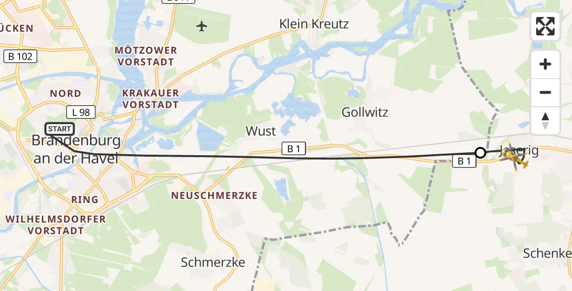 Flugroute Rettungshubschrauber Brandenburg an der Havel - Groß Kreutz (Havel), 30 April 2026, 13:13