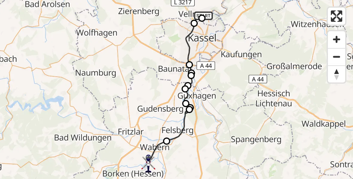 Flugroute Polizeihubschrauber Fuldatal Bundespolizei Hubschrauberlandeplatz - Borken (Hessen), 30 April 2026, 13:14
