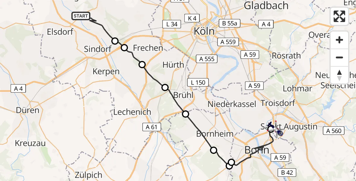 Flugroute Polizeihubschrauber Bergheim - Sankt Augustin, 30 April 2026, 13:17