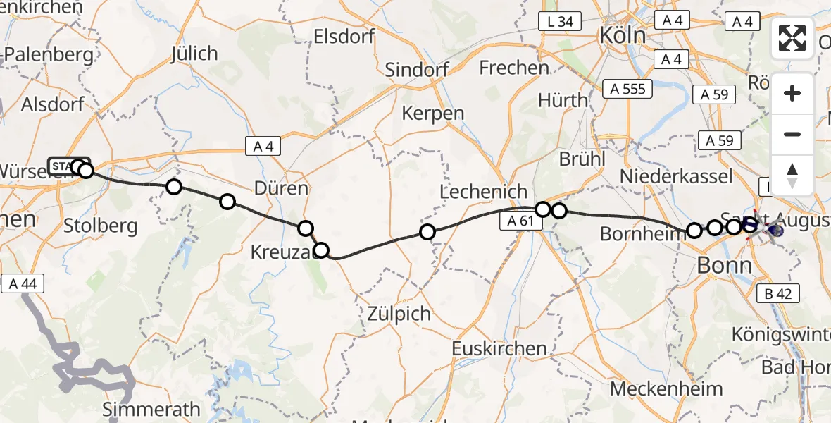 Flugroute Polizeihubschrauber Aachen-Merzbrück Flughafen - Sankt Augustin, 30 April 2026, 13:20