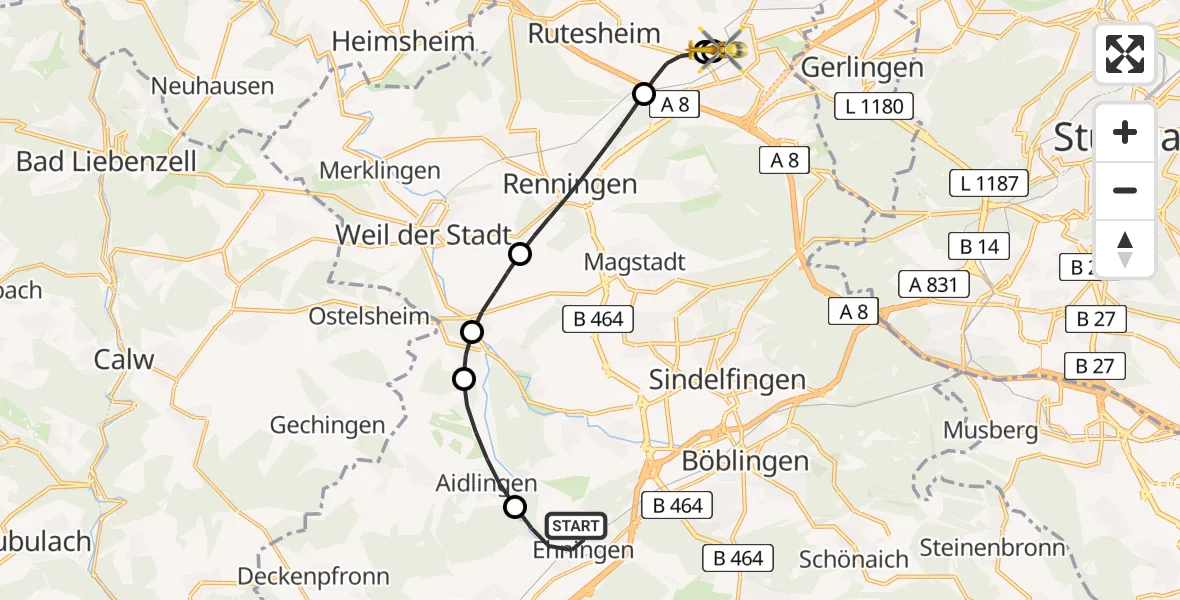 Flugroute Rettungshubschrauber Ehningen - Leonberg Hospital, 30 April 2026, 13:23