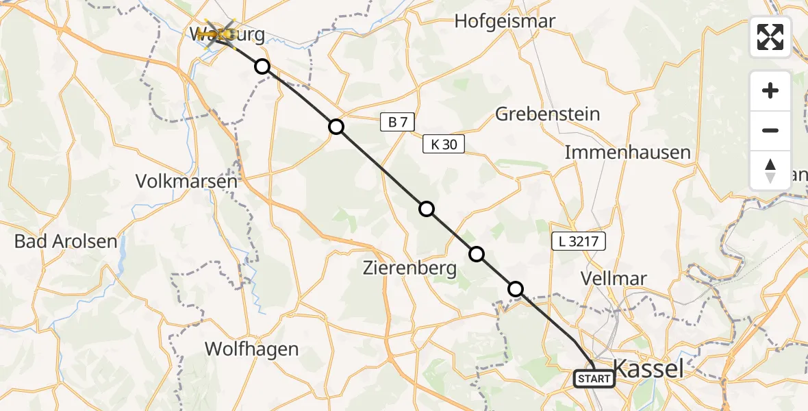 Flugroute Rettungshubschrauber Kassel - Warburg, 30 April 2026, 13:33
