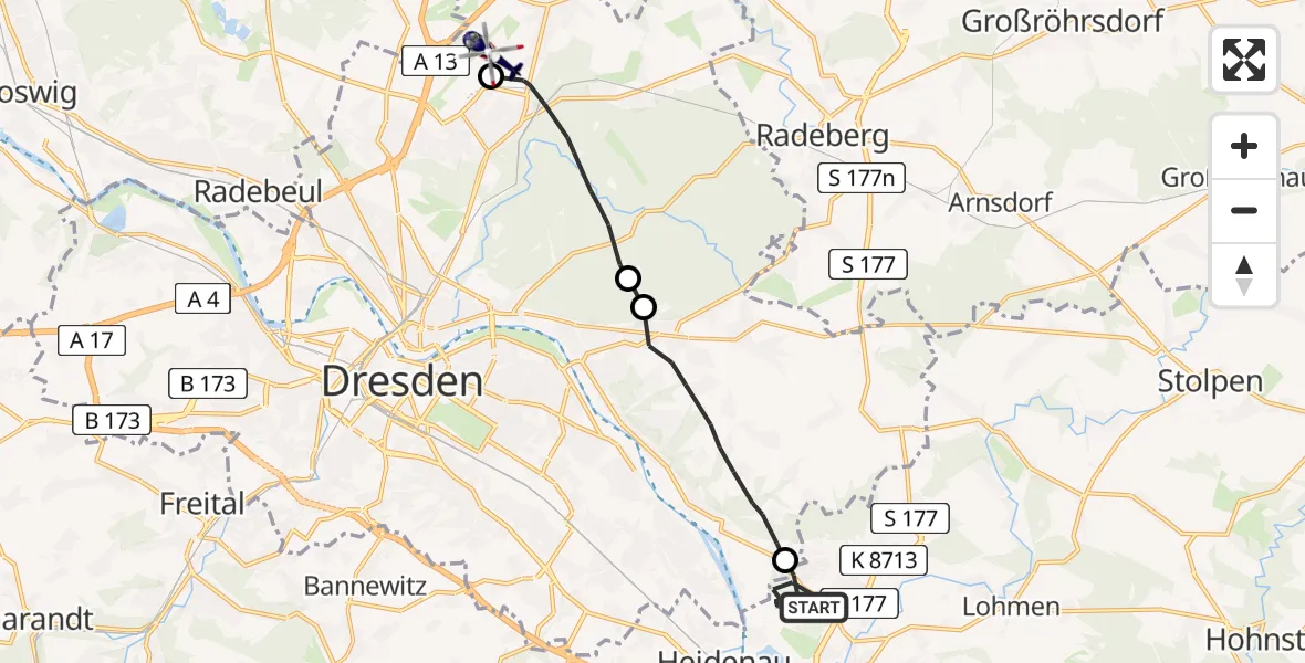 Flugroute Polizeihubschrauber Pirna - Dresden Bundespolizei Hubschrauberlandeplatz, 30 April 2026, 13:36