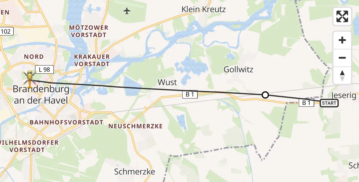 Flugroute Rettungshubschrauber Groß Kreutz (Havel) - Brandenburg an der Havel, 30 April 2026, 13:44