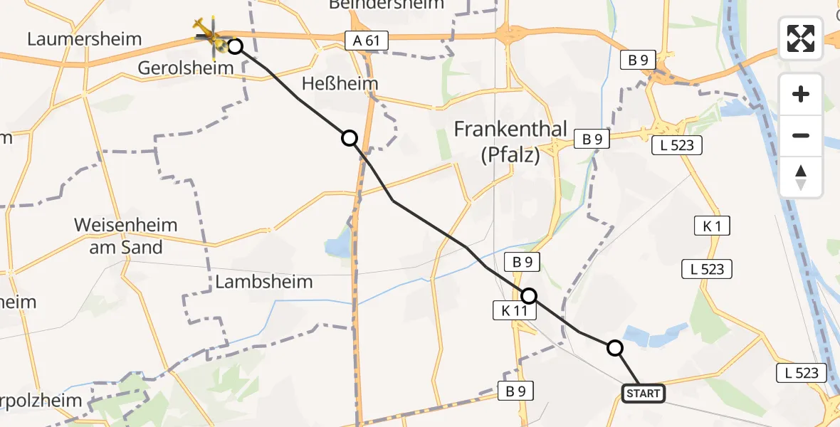 Flugroute Rettungshubschrauber Ludwigshafen Accident Hospital - Gerolsheim, 30 April 2026, 13:50