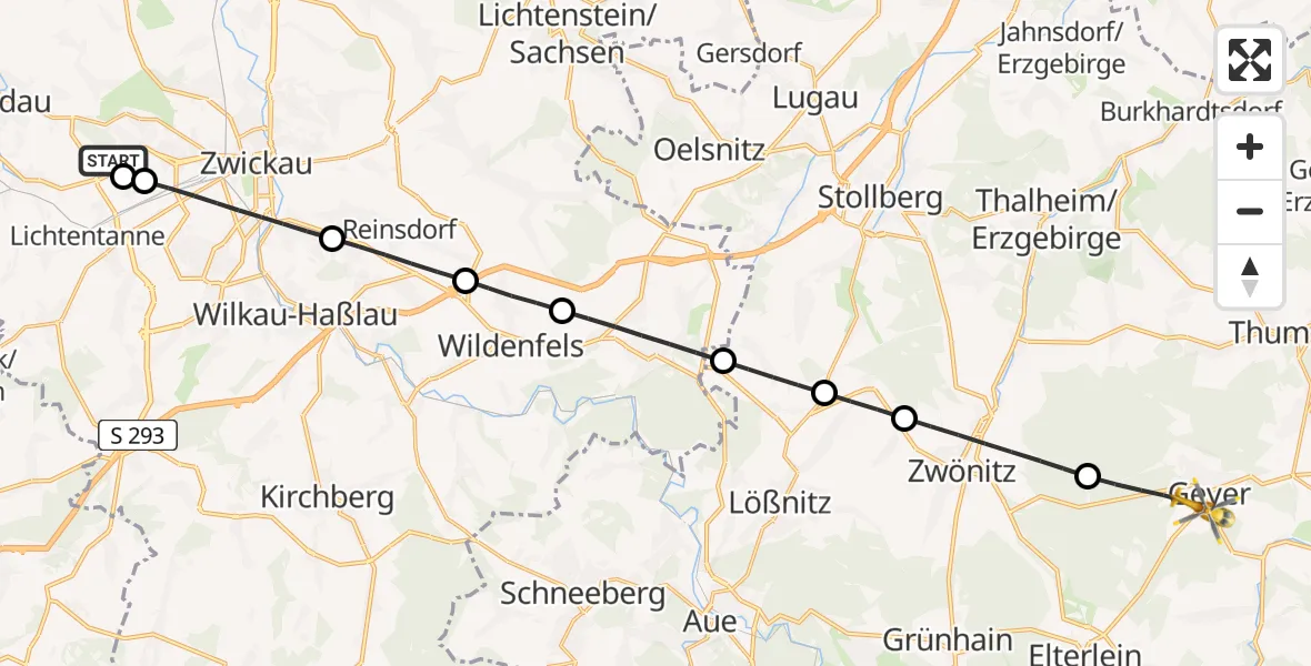 Flugroute Rettungshubschrauber ADAC Air Rescue Station Zwickau Hubschrauberlandeplatz - Geyer, 30 April 2026, 13:51