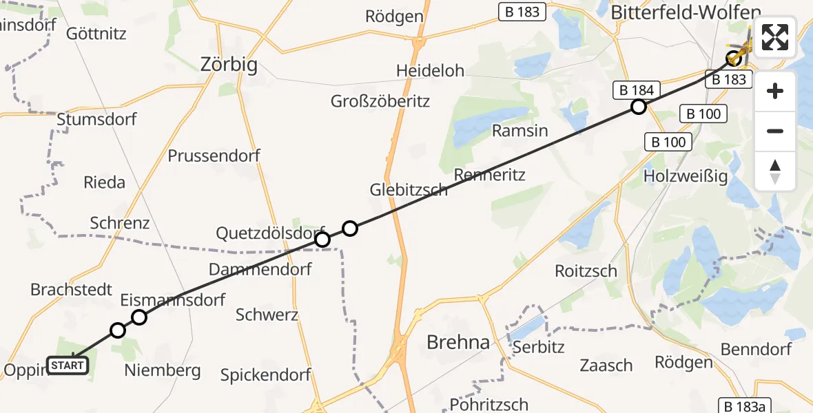 Flugroute Ambulanzhubschrauber Halle-Oppin Flugplatz - Bitterfield-Wolfen Health Center Hubschrauberlandeplatz, 30 April 2026, 13:51