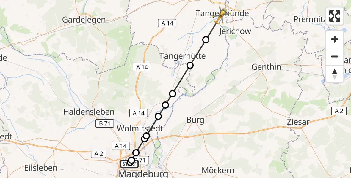 Flugroute Rettungshubschrauber Magdeburg Hospital - Tangermünde, 30 April 2026, 13:58