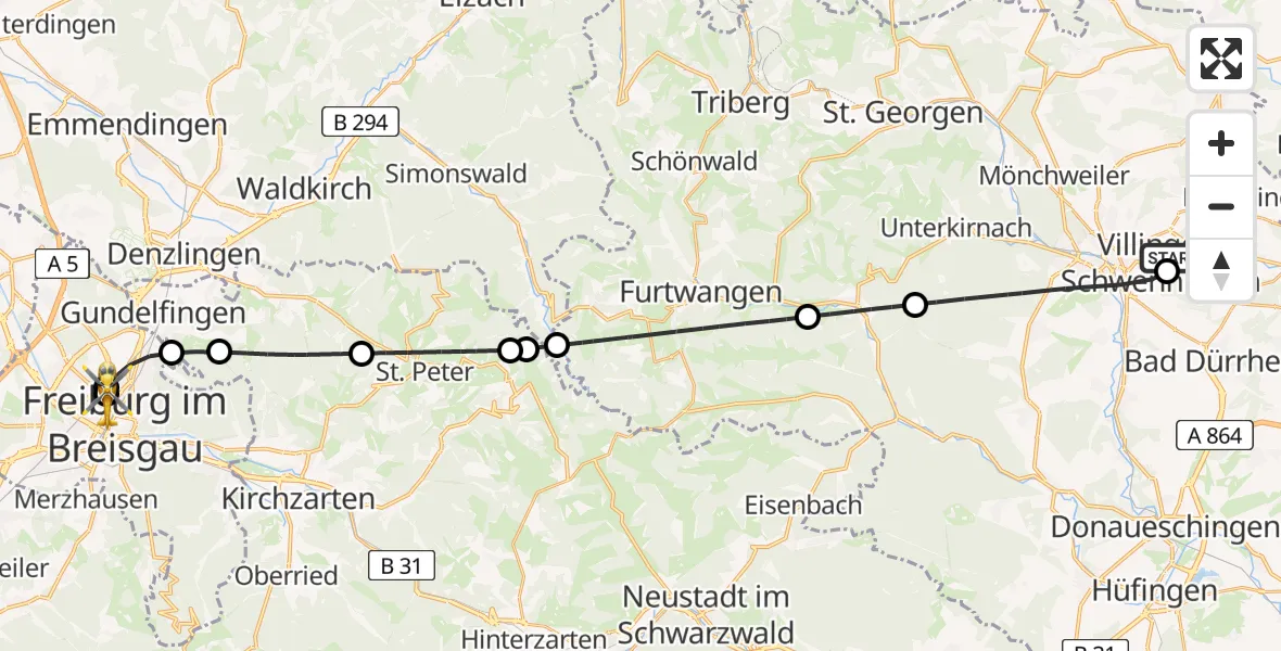 Flugroute Rettungshubschrauber DRF Air Rescue Station Villingen-Schwenningen Hubschrauberlandeplatz (Christoph 11) - Freiburg University Hospital Heliport 1, 30 April 2026, 14:00
