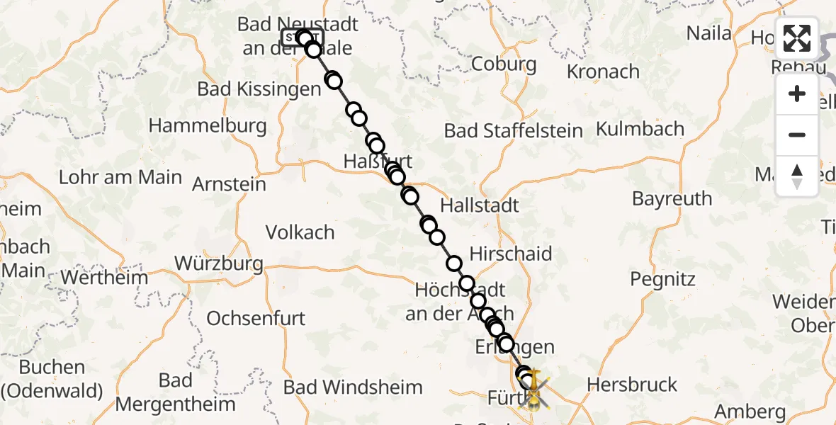 Flugroute Ambulanzhubschrauber Bad Neustadt an der Saale Hospital - Flughafen Nuremberg, 30 April 2026, 14:00