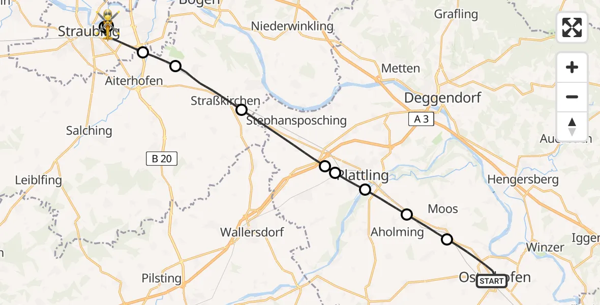 Flugroute Rettungshubschrauber Osterhofen - Sankt Elisabeth Hospital Straubing, 30 April 2026, 14:02