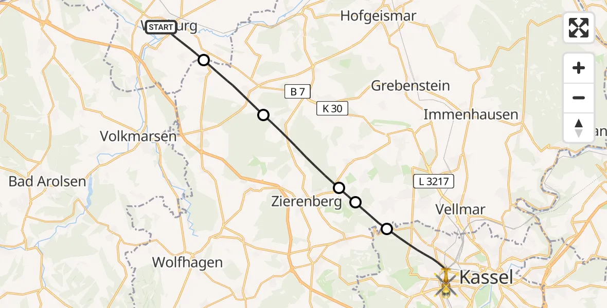 Flugroute Rettungshubschrauber Warburg - Kassel, 30 April 2026, 14:13