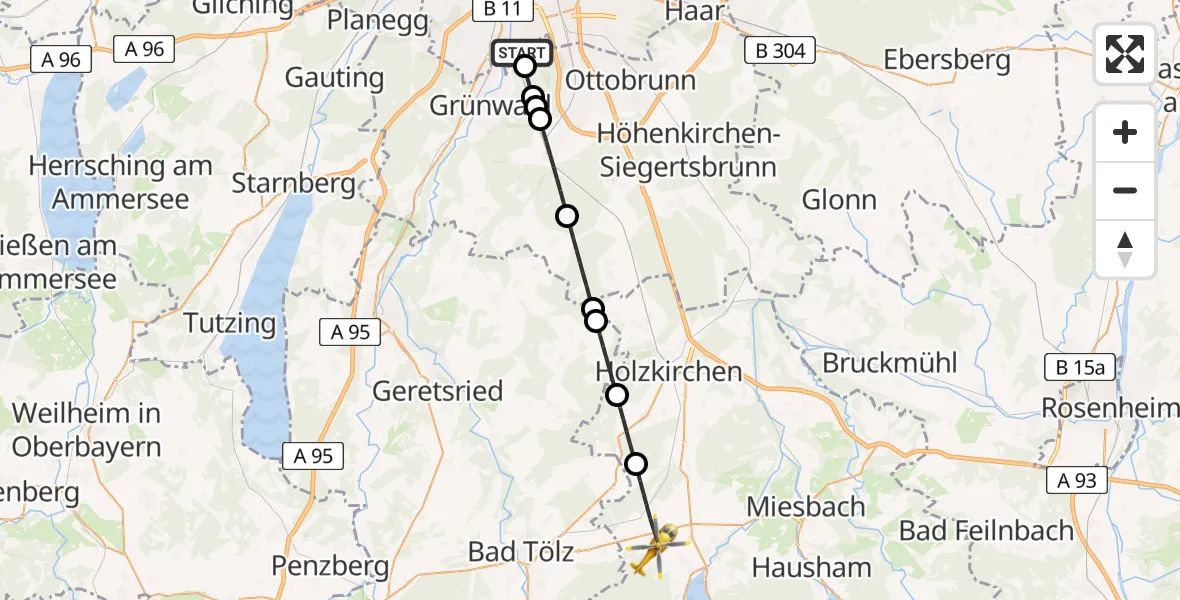 Flugroute Rettungshubschrauber ADAC Air Rescue Center Hubschrauberlandeplatz (Christoph 1) - Waakirchen, 30 April 2026, 14:15