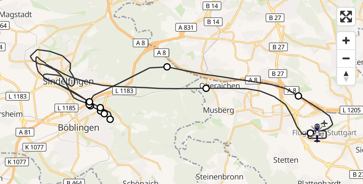 Flugroute Polizeihubschrauber Flughafen Stuttgart - Flughafen Stuttgart, 30 April 2026, 14:21
