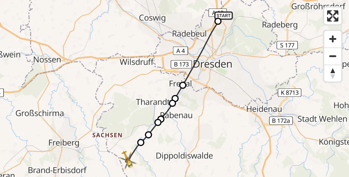 Flugroute Rettungshubschrauber Dresden Flughafen - Klingenberg, 30 April 2026, 14:22