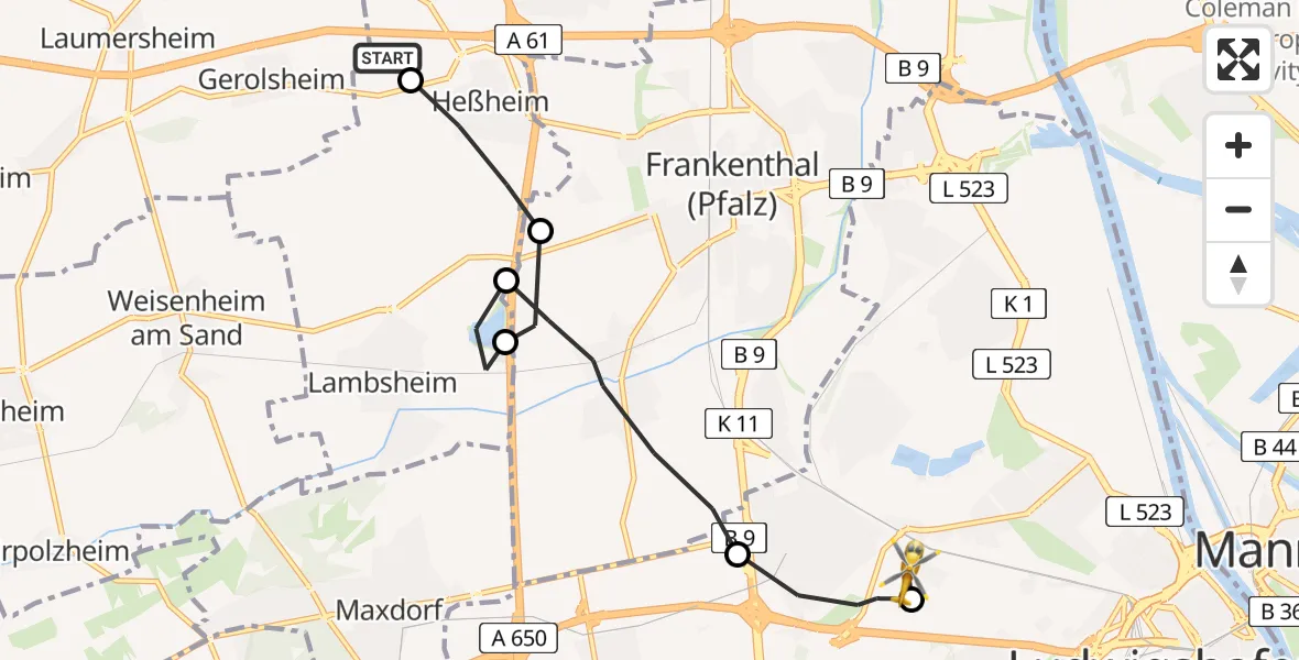 Flugroute Rettungshubschrauber Heuchelheim bei Frankenthal - Ludwigshafen Accident Hospital, 30 April 2026, 14:38