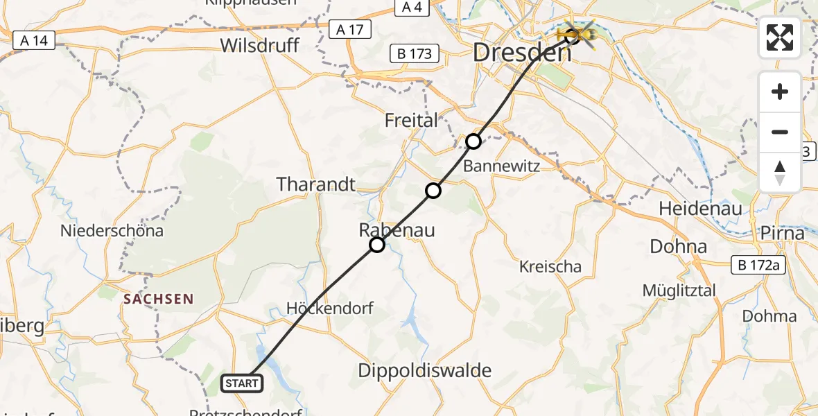 Flugroute Rettungshubschrauber Klingenberg - Dresden University Hospital, 30 April 2026, 14:55