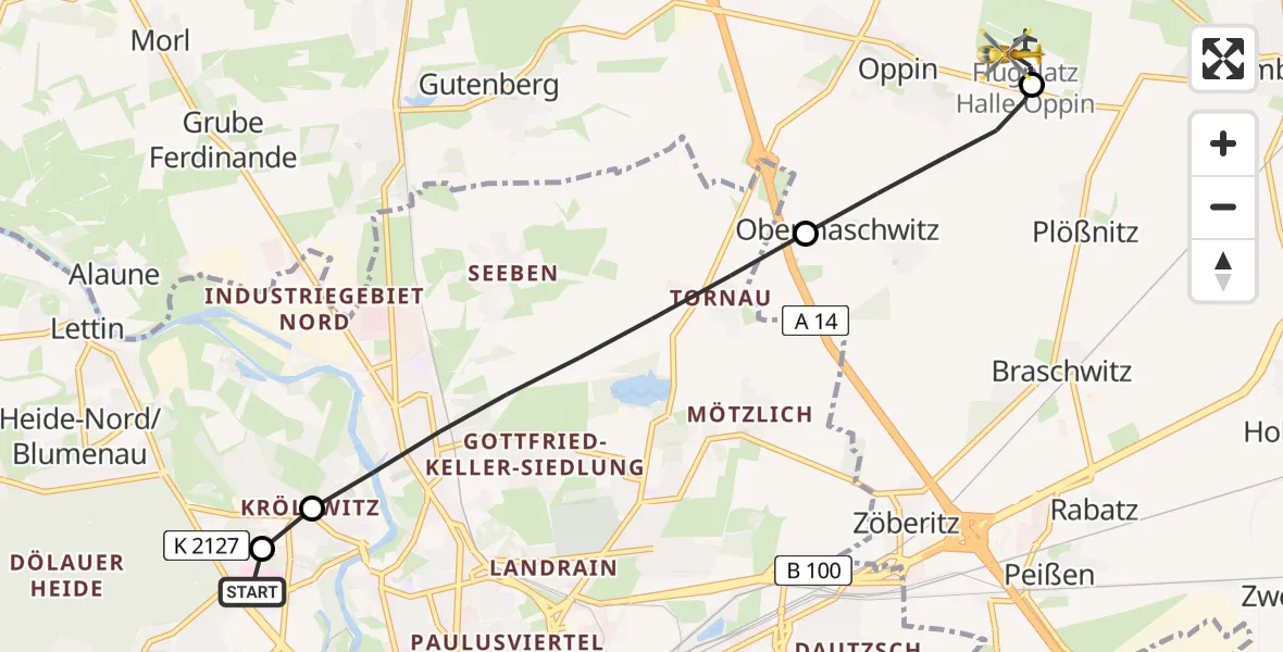 Flugroute Ambulanzhubschrauber Halle (Saale) University Hospital - Halle-Oppin Flugplatz, 30 April 2026, 14:55