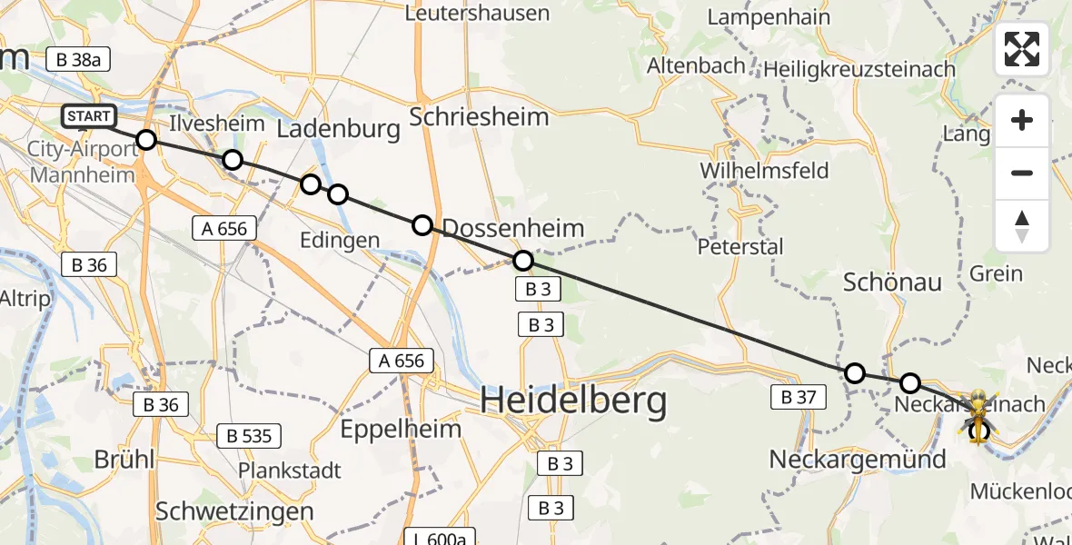Flugroute Rettungshubschrauber Mannheim-City Flughafen - Neckarsteinach, 30 April 2026, 15:01