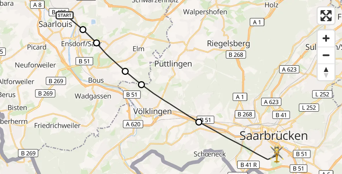 Flugroute Rettungshubschrauber Saarlouis - Saarbrücken, 30 April 2026, 15:01