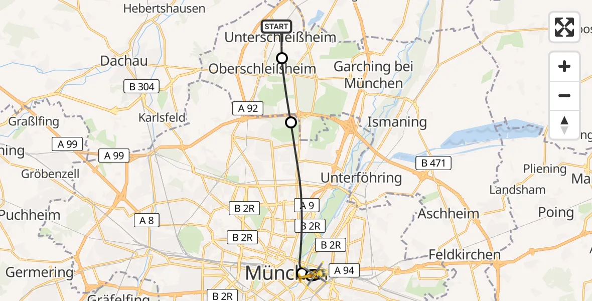 Flugroute Rettungshubschrauber Unterschleißheim - Rechts der Isar University Hospital, 30 April 2026, 15:09