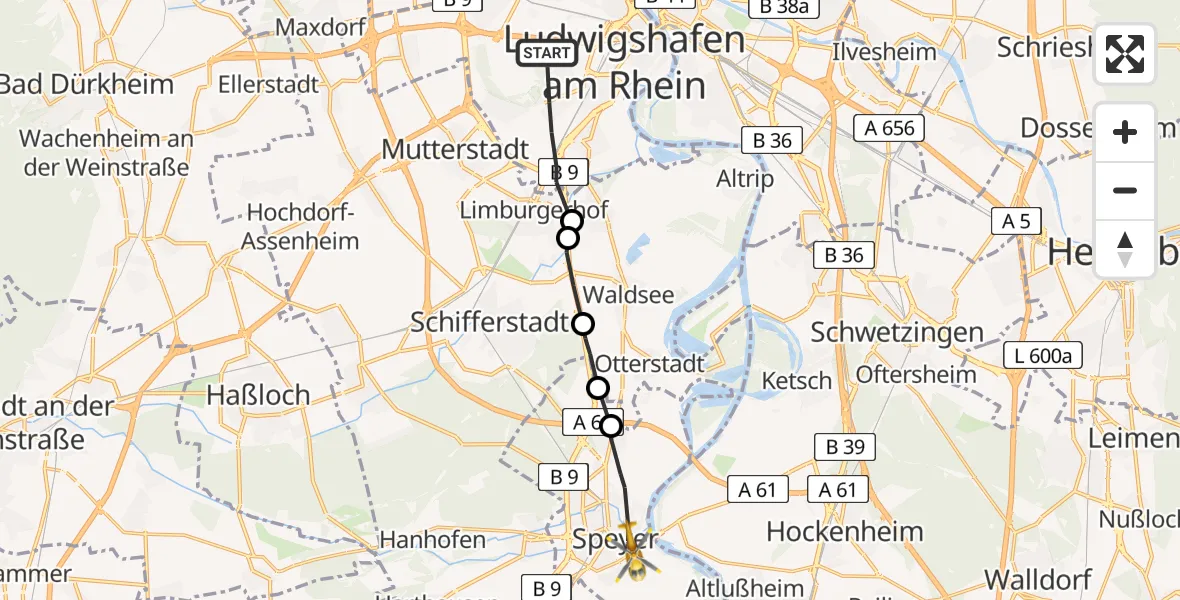 Flugroute Rettungshubschrauber Ludwigshafen am Rhein - Speyer, 30 April 2026, 15:22
