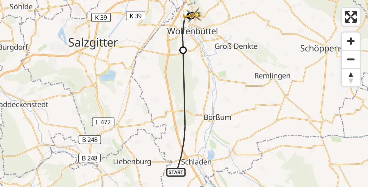 Flugroute Rettungshubschrauber Schladen-Werla - Wolfenbüttel Municipal Hospital Heliport (Christoph 30), 30 April 2026, 15:31