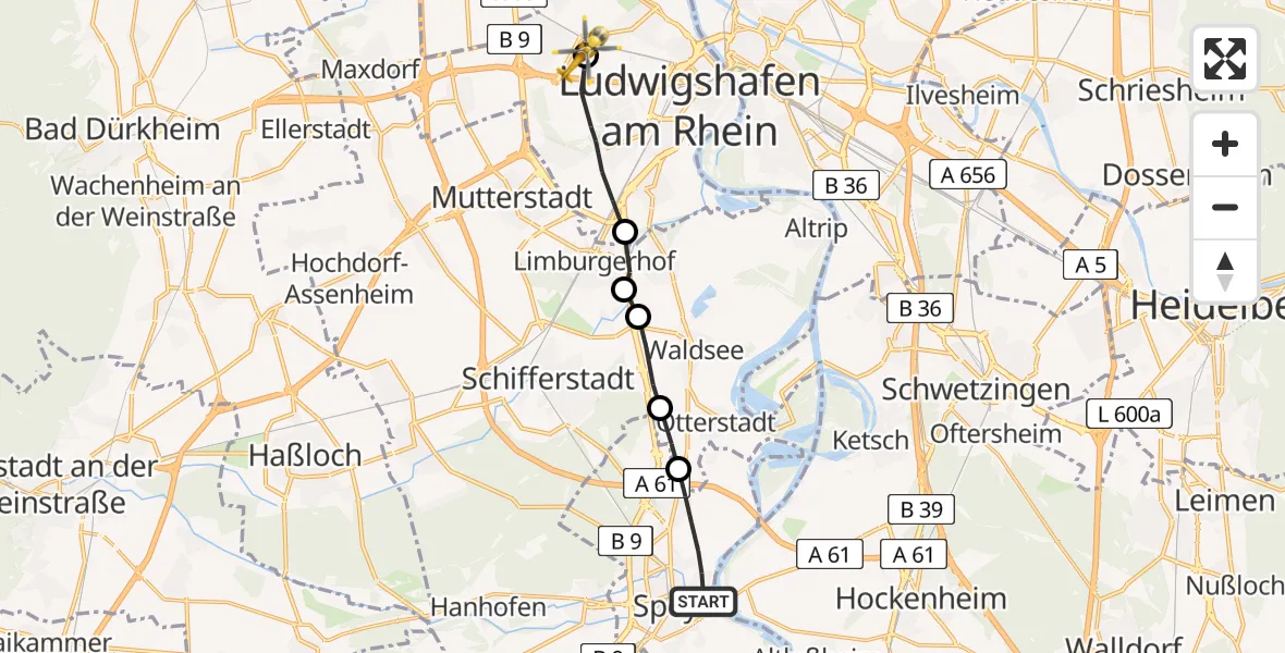 Flugroute Rettungshubschrauber Speyer - Ludwigshafen Accident Hospital, 30 April 2026, 15:47