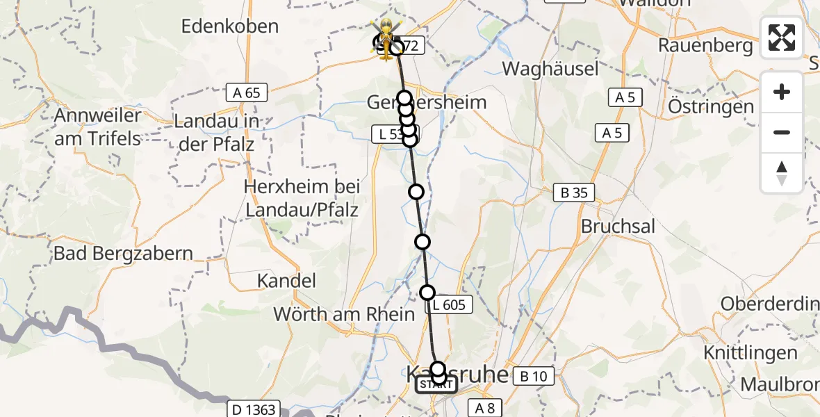 Flugroute Rettungshubschrauber Sankt Vincentius Hospital - Schwegenheim, 30 April 2026, 16:14
