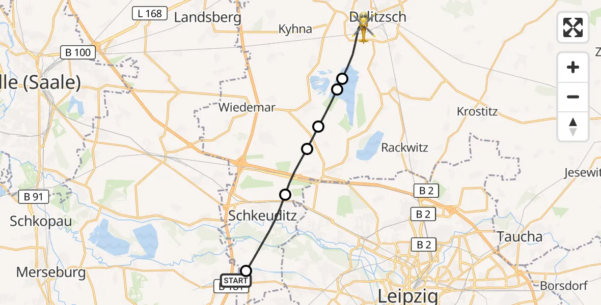 Flugroute Rettungshubschrauber ADAC Air Rescue Station Leipzig/Schkeuditz-Dölzig Hubschrauberlandeplatz (Christoph 61) - Delitzsch, 30 April 2026, 16:18