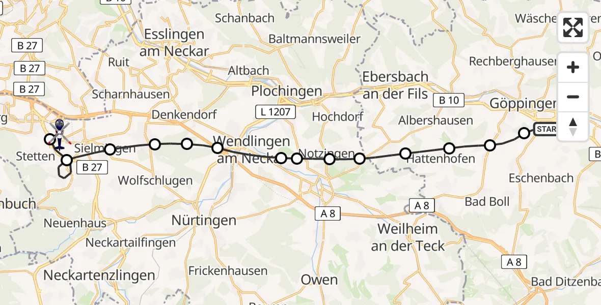 Flugroute Polizeihubschrauber Göppingen - Flughafen Stuttgart, 30 April 2026, 16:18