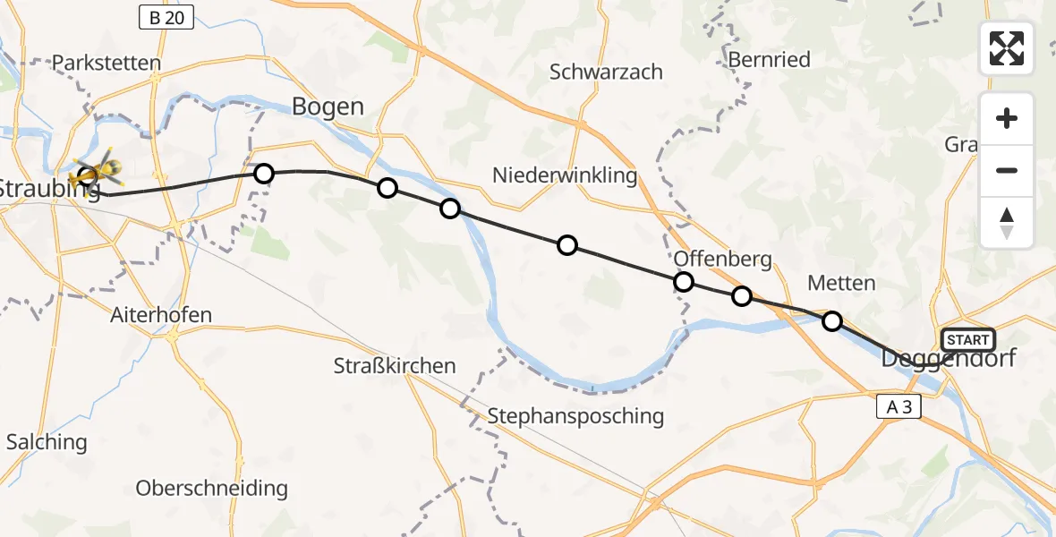 Flugroute Rettungshubschrauber Deggendorf - Sankt Elisabeth Hospital Straubing, 30 April 2026, 16:25