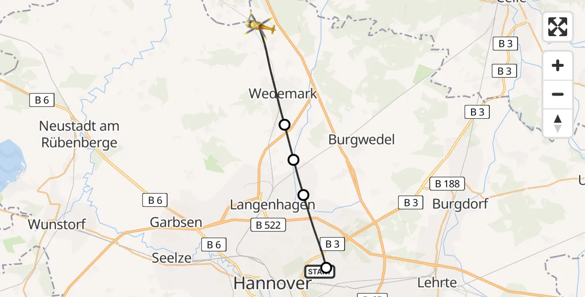 Flugroute Rettungshubschrauber Hannover Luftrettung Hubschrauberlandeplatz (Christoph 4) - Wedemark, 30 April 2026, 16:25