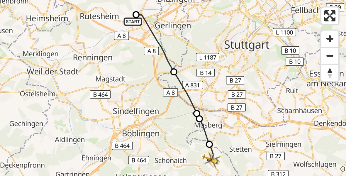 Flugroute Rettungshubschrauber Leonberg Hospital - Steinenbronn, 30 April 2026, 16:28