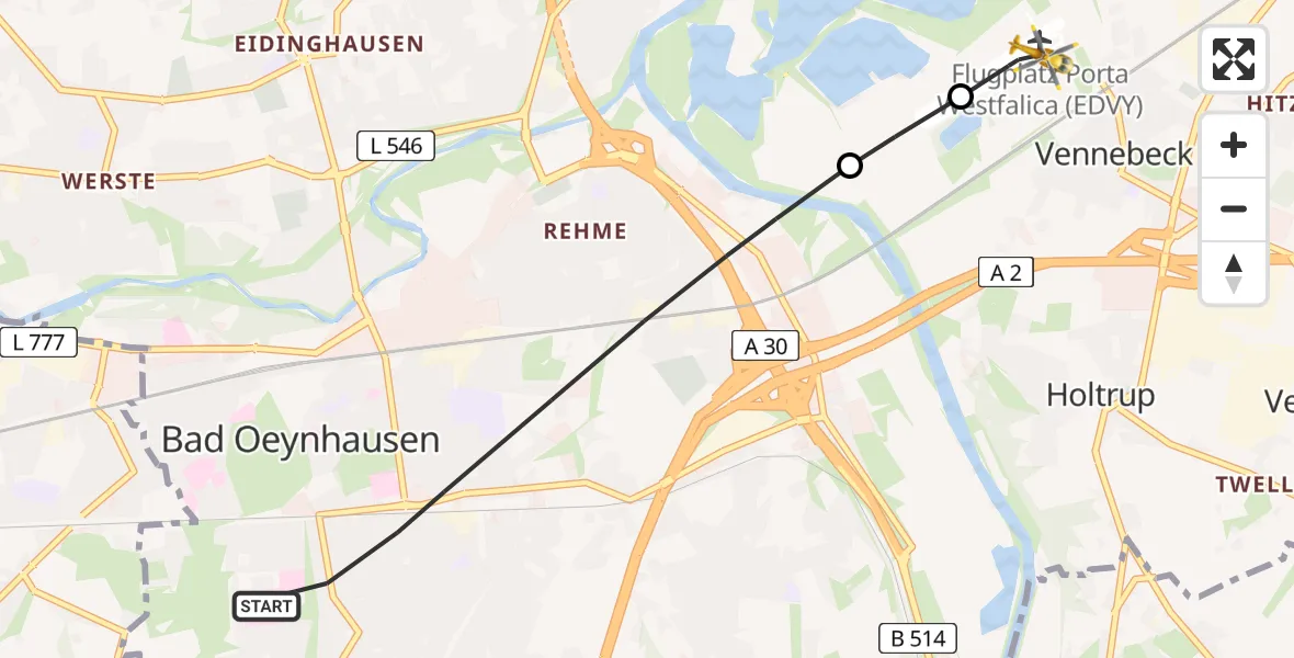 Flugroute Rettungshubschrauber Bad Oeynhausen - Porta Westfalica Flugplatz, 30 April 2026, 16:35
