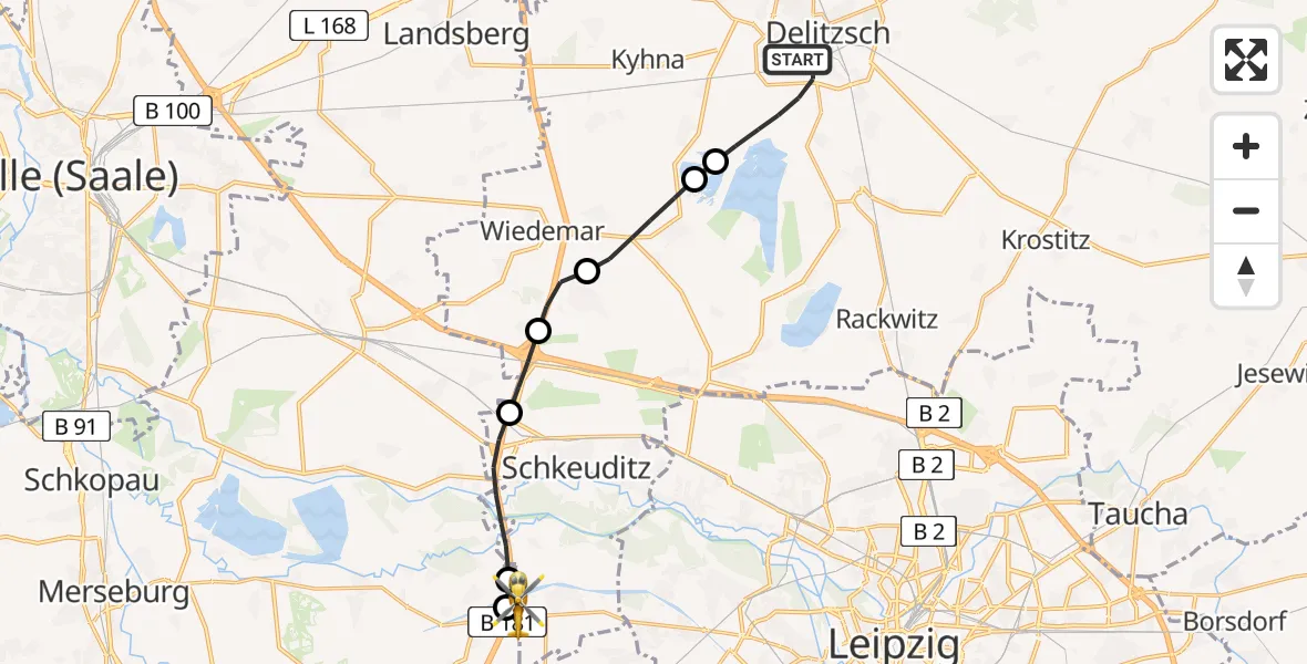 Flugroute Rettungshubschrauber Delitzsch - ADAC Air Rescue Station Leipzig/Schkeuditz-Dölzig Hubschrauberlandeplatz (Christoph 61), 30 April 2026, 16:54